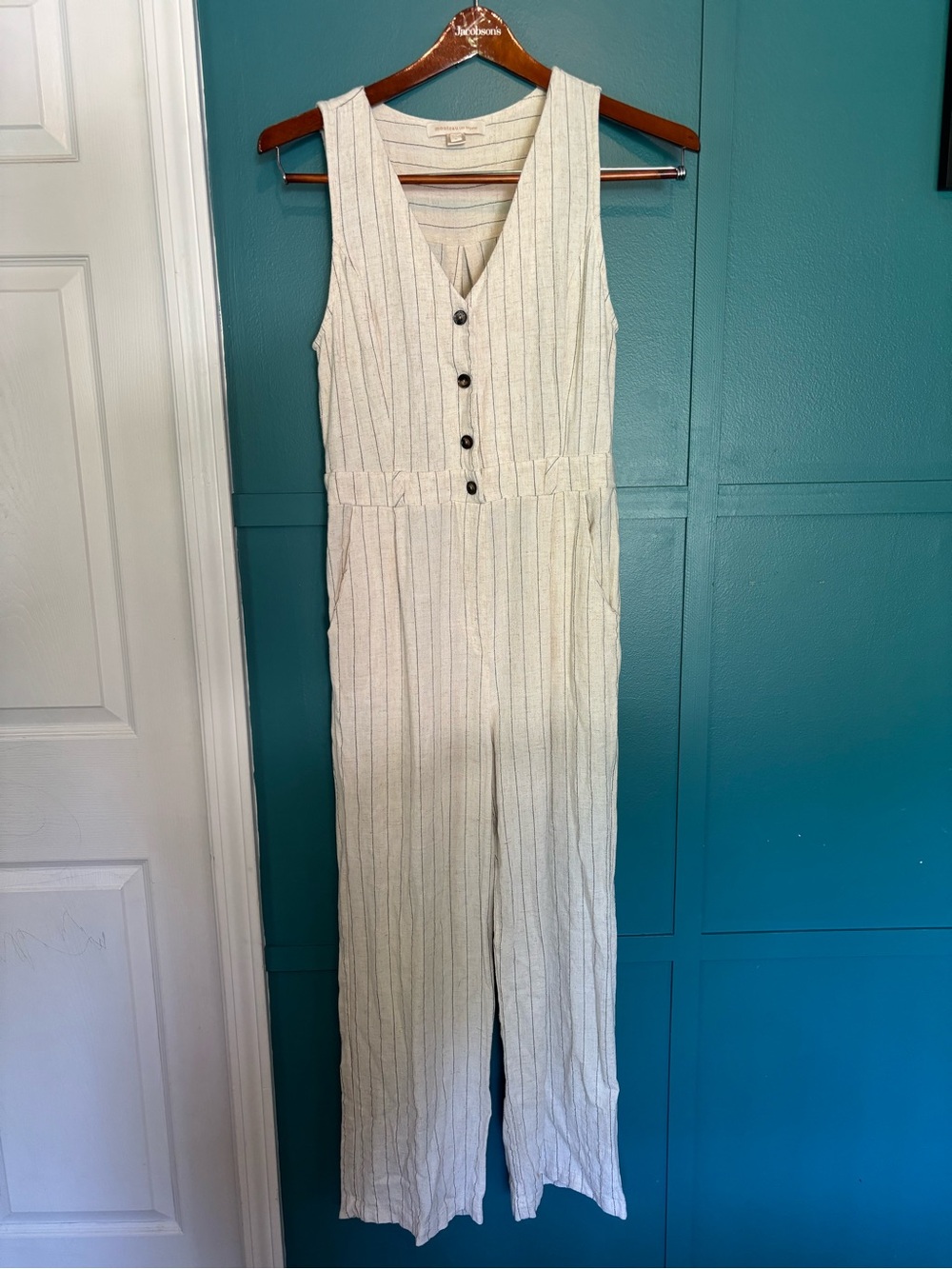 Monteau Los Angeles Sleeveless Cream Pinstripe Button-Front Jumpsuit Linen Blend